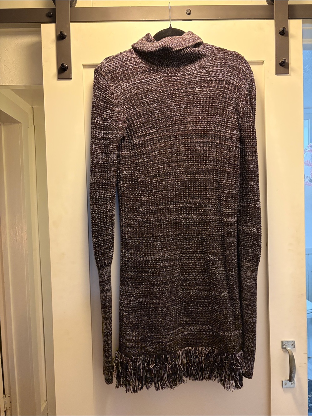 Turtleneck Fringe-Hem Women's Sweater Dress in Heathered Plum